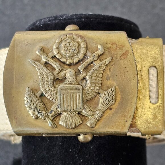 WWII US Army Solid Brass Belt Buckle and US Military Issued Web Belt - Picture 2 of 6